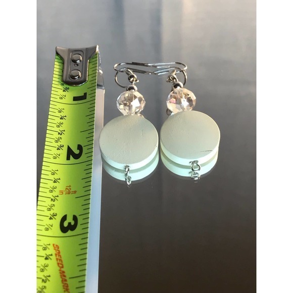 White Wood & Clear Acrylic Beaded Dangle Earrings 2” x .5W. Fish Hooks w/‎ Coil - Picture 3 of 3